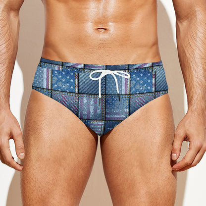 American Denim Patchwork Pattern Print Men's Swim Briefs