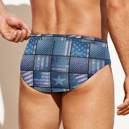 American Denim Patchwork Pattern Print Men's Swim Briefs