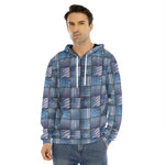American Denim Patchwork Pattern Print Men's Velvet Pullover Hoodie