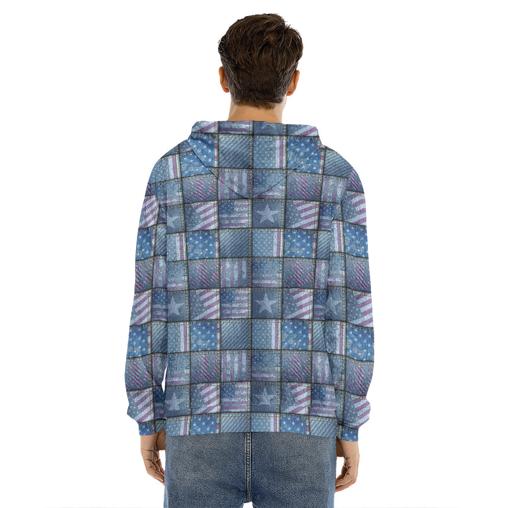 American Denim Patchwork Pattern Print Men's Velvet Pullover Hoodie