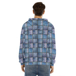 American Denim Patchwork Pattern Print Men's Velvet Pullover Hoodie