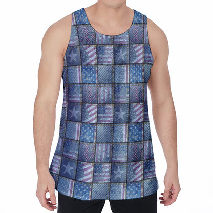 American Denim Patchwork Pattern Print Men's Velvet Tank Top