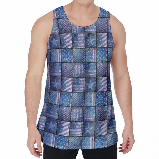 American Denim Patchwork Pattern Print Men's Velvet Tank Top