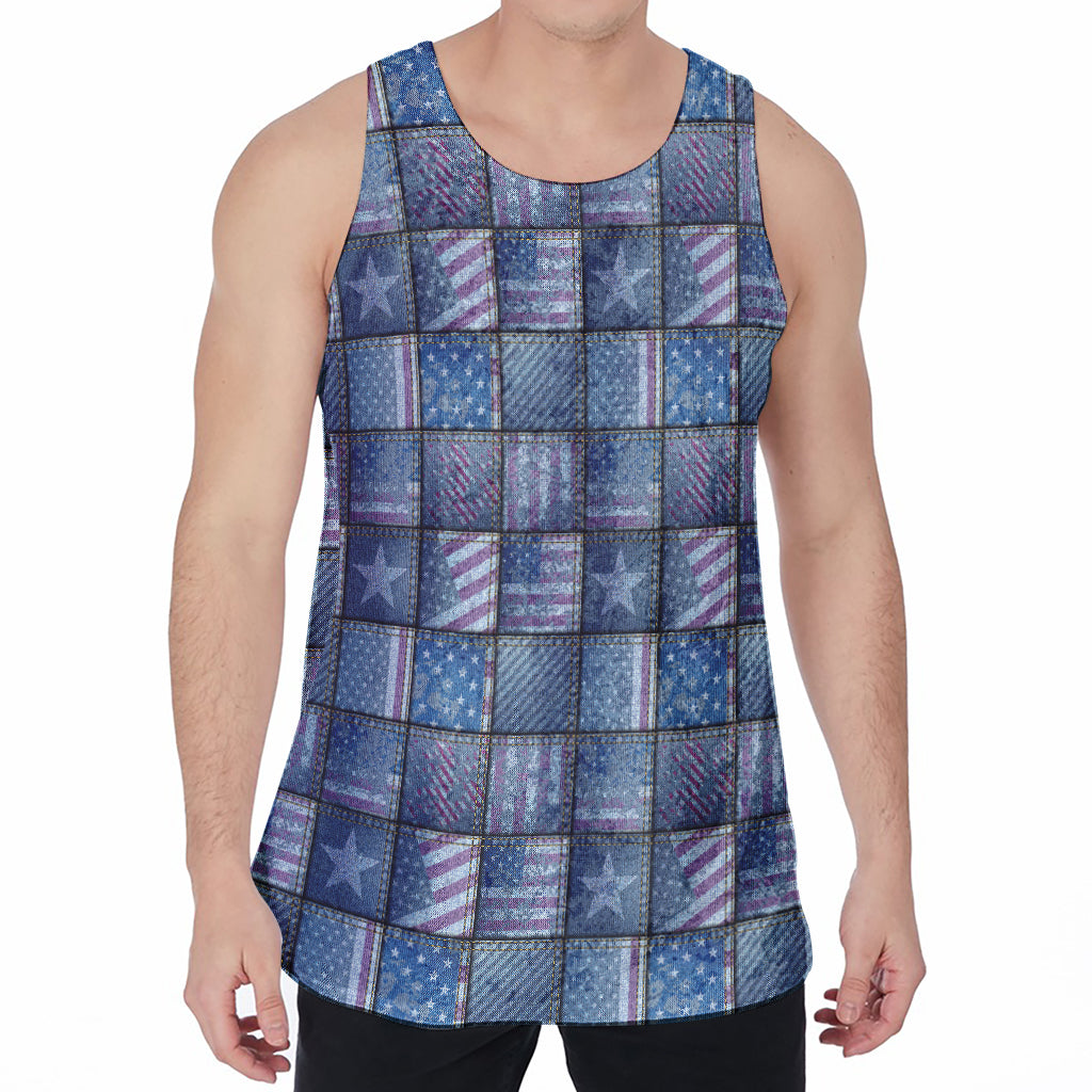 American Denim Patchwork Pattern Print Men's Velvet Tank Top