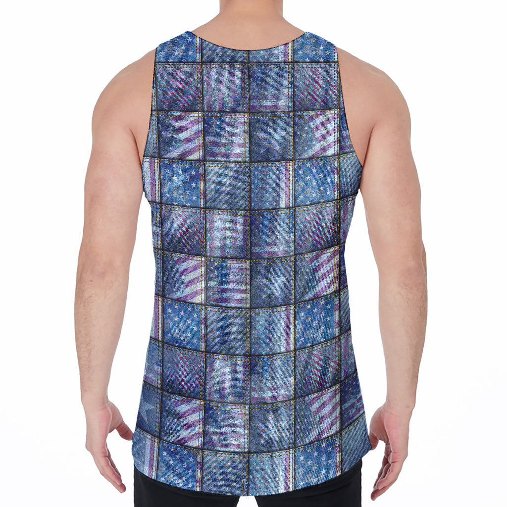 American Denim Patchwork Pattern Print Men's Velvet Tank Top