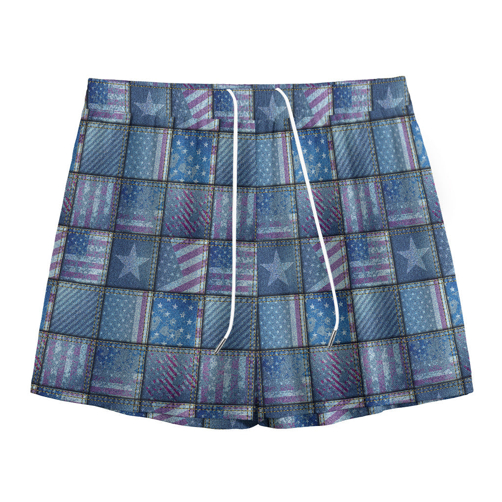American Denim Patchwork Pattern Print Mesh Shorts
