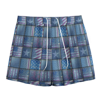 American Denim Patchwork Pattern Print Mesh Shorts