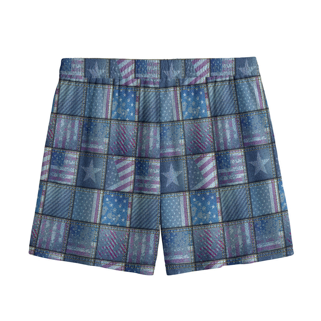 American Denim Patchwork Pattern Print Mesh Shorts