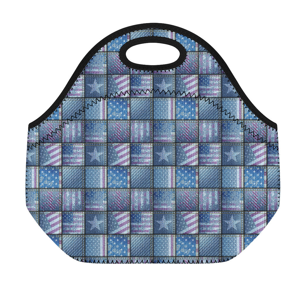 American Denim Patchwork Pattern Print Neoprene Lunch Bag