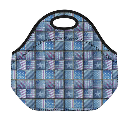 American Denim Patchwork Pattern Print Neoprene Lunch Bag