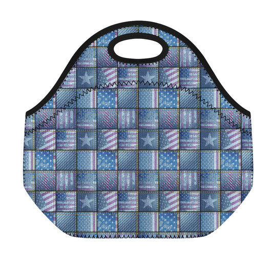 American Denim Patchwork Pattern Print Neoprene Lunch Bag