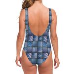 American Denim Patchwork Pattern Print One Piece Swimsuit