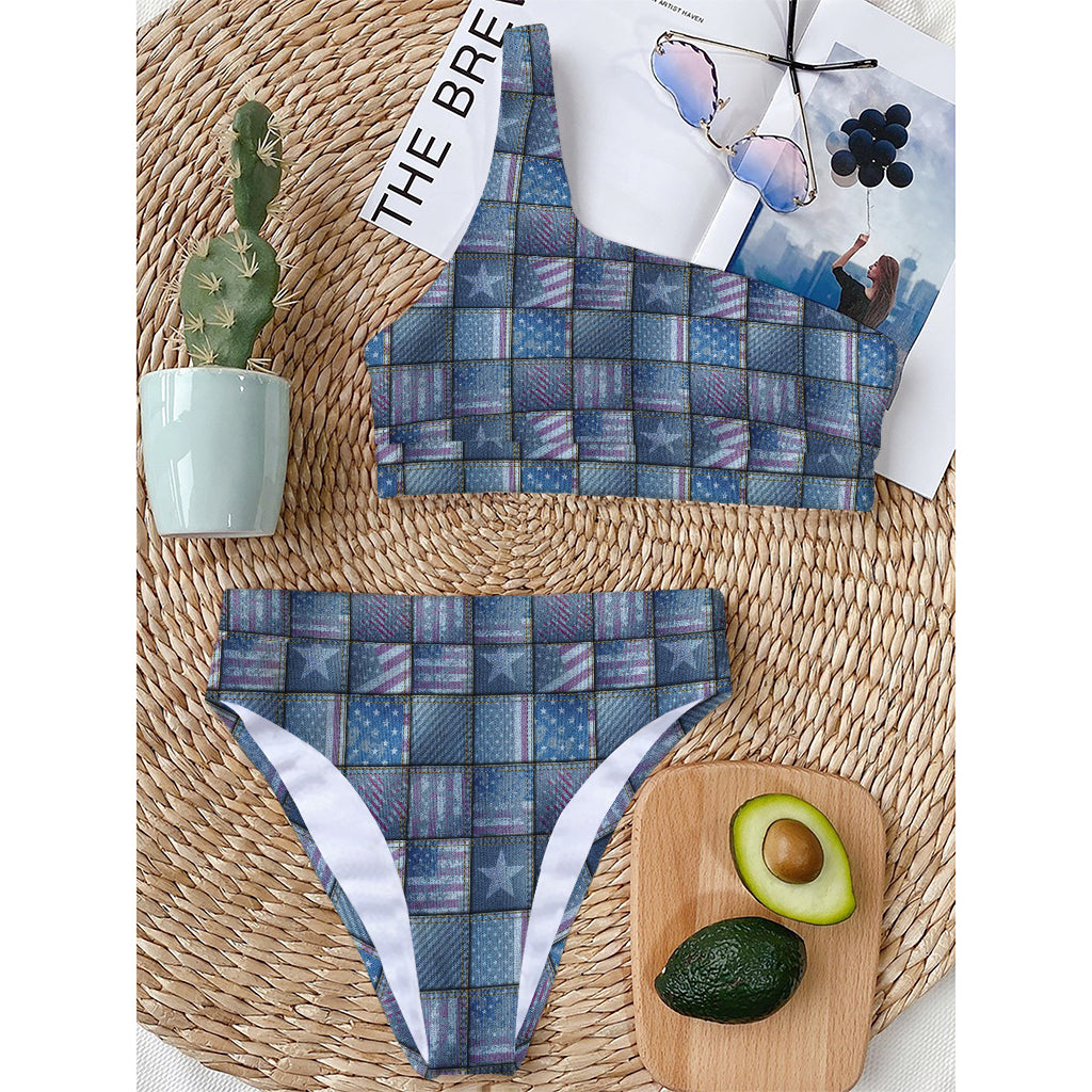 American Denim Patchwork Pattern Print One Shoulder Bikini Top