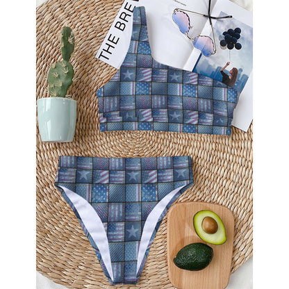American Denim Patchwork Pattern Print One Shoulder Bikini Top