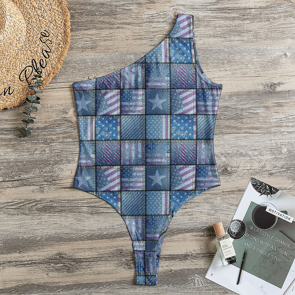 American Denim Patchwork Pattern Print One Shoulder Bodysuit