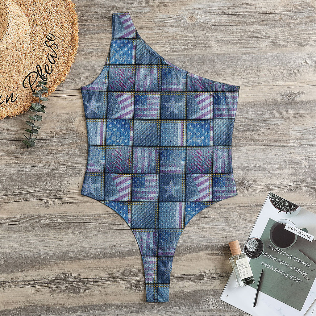 American Denim Patchwork Pattern Print One Shoulder Bodysuit