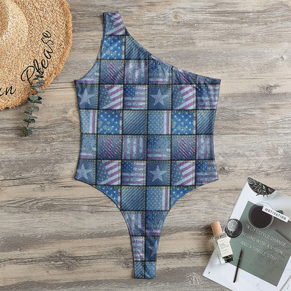 American Denim Patchwork Pattern Print One Shoulder Bodysuit