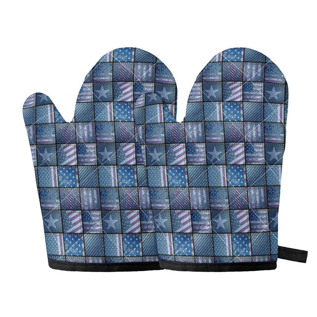 American Denim Patchwork Pattern Print Oven Mitts
