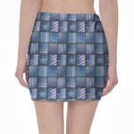 American Denim Patchwork Pattern Print Pencil Mini Skirt
