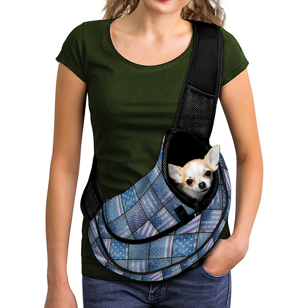 American Denim Patchwork Pattern Print Pet Sling Carrier
