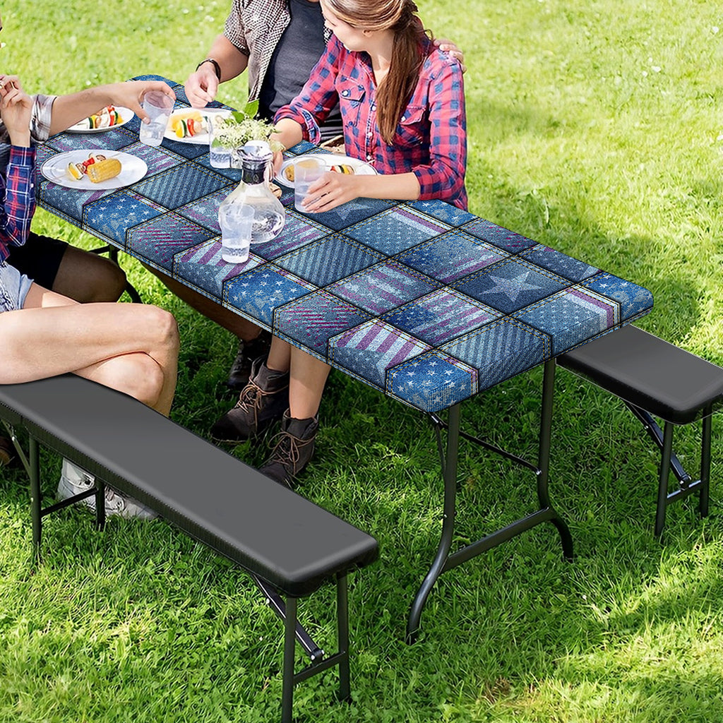 American Denim Patchwork Pattern Print Picnic Table Cover