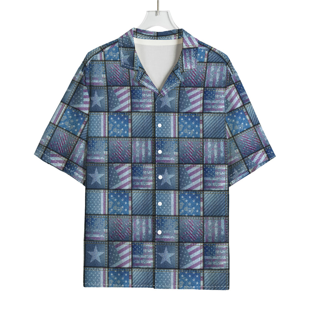 American Denim Patchwork Pattern Print Rayon Hawaiian Shirt