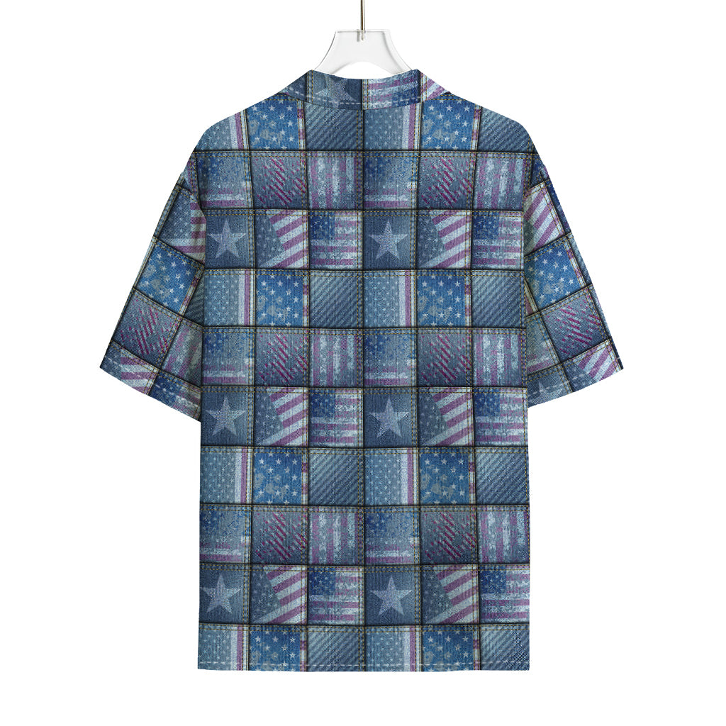 American Denim Patchwork Pattern Print Rayon Hawaiian Shirt