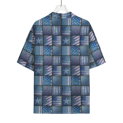 American Denim Patchwork Pattern Print Rayon Hawaiian Shirt