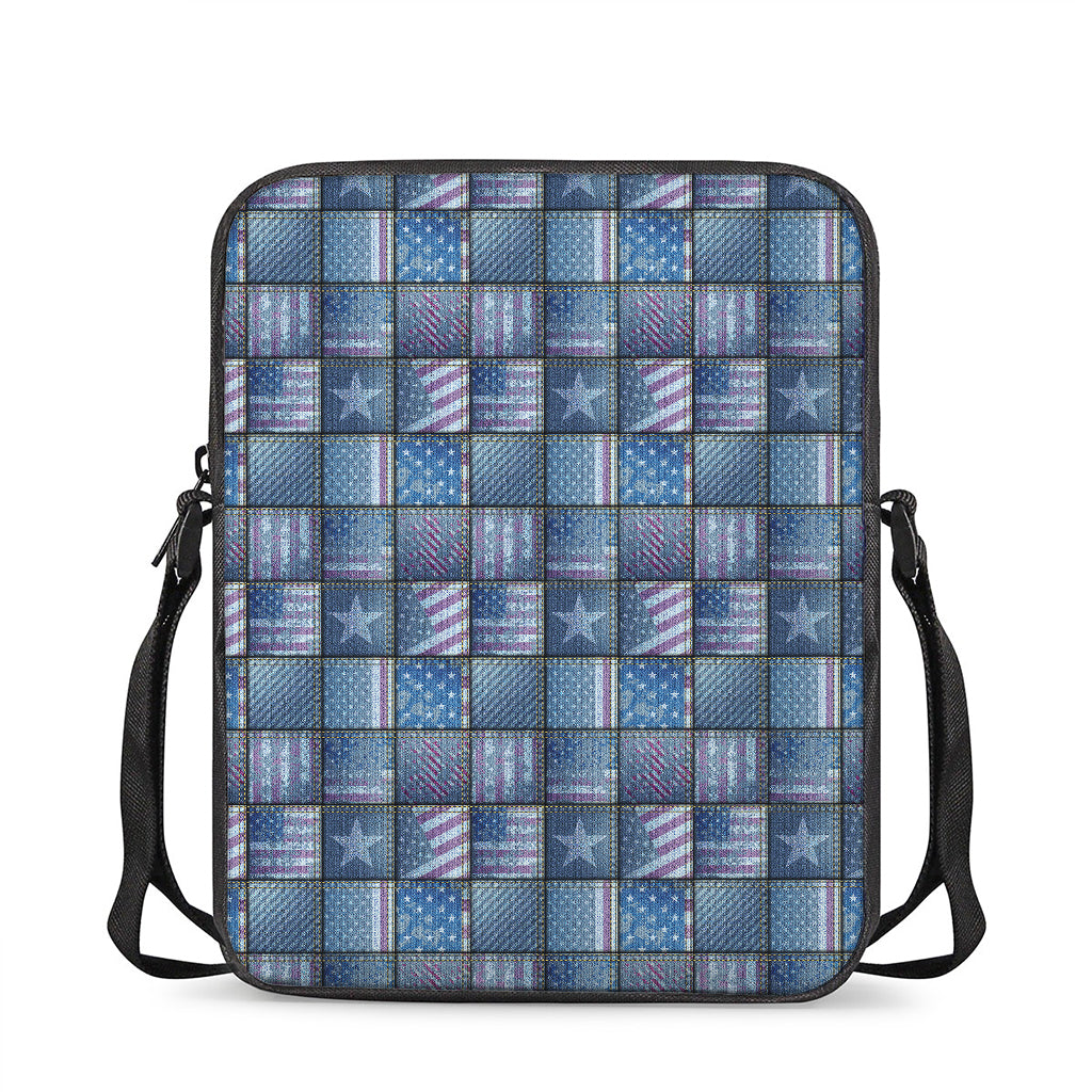 American Denim Patchwork Pattern Print Rectangular Crossbody Bag