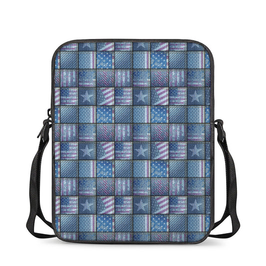 American Denim Patchwork Pattern Print Rectangular Crossbody Bag
