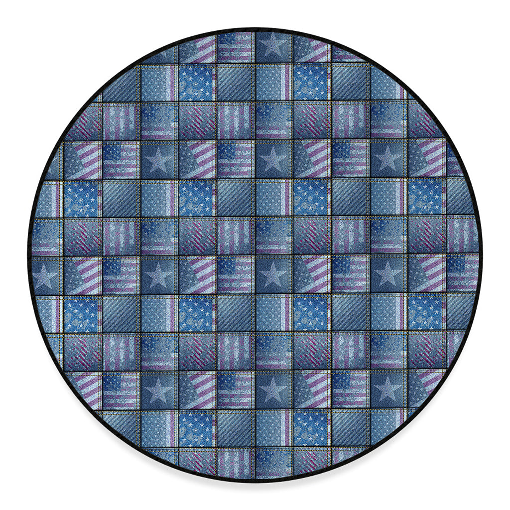 American Denim Patchwork Pattern Print Round Floor Mat