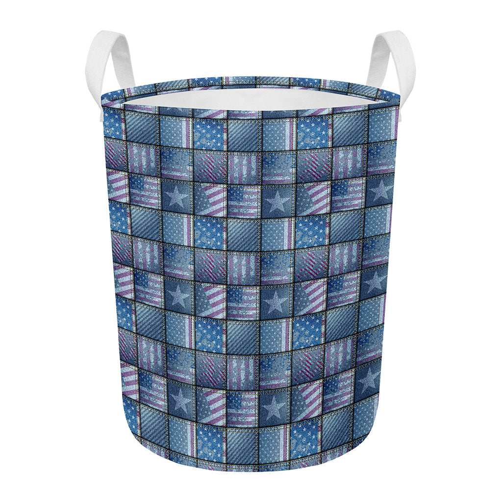 American Denim Patchwork Pattern Print Round Laundry Basket