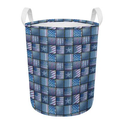 American Denim Patchwork Pattern Print Round Laundry Basket
