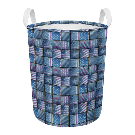 American Denim Patchwork Pattern Print Round Laundry Basket