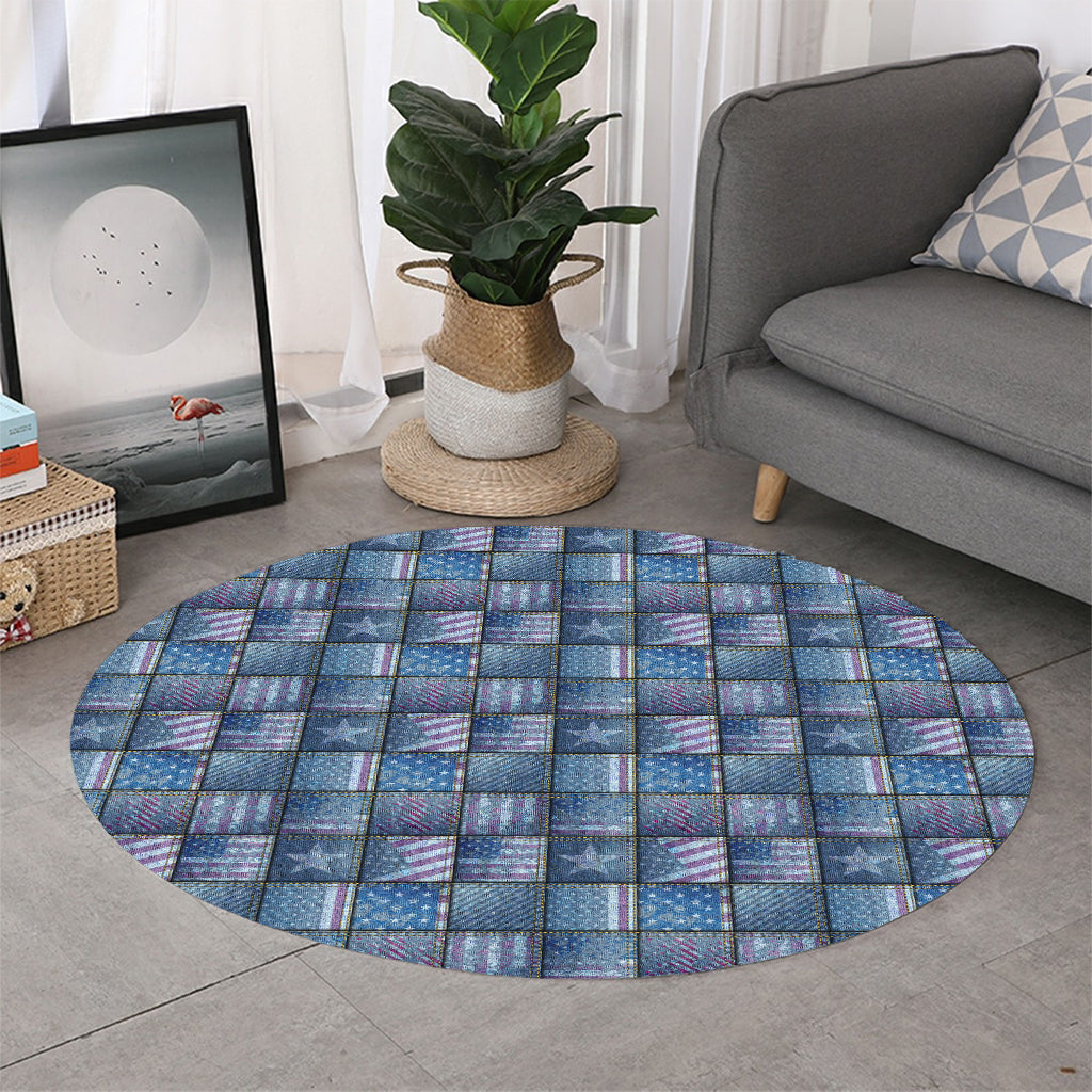 American Denim Patchwork Pattern Print Round Rug