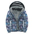 American Denim Patchwork Pattern Print Sherpa Lined Zip Up Hoodie