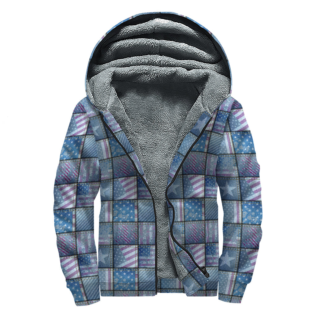 American Denim Patchwork Pattern Print Sherpa Lined Zip Up Hoodie
