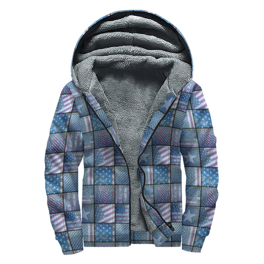 American Denim Patchwork Pattern Print Sherpa Lined Zip Up Hoodie