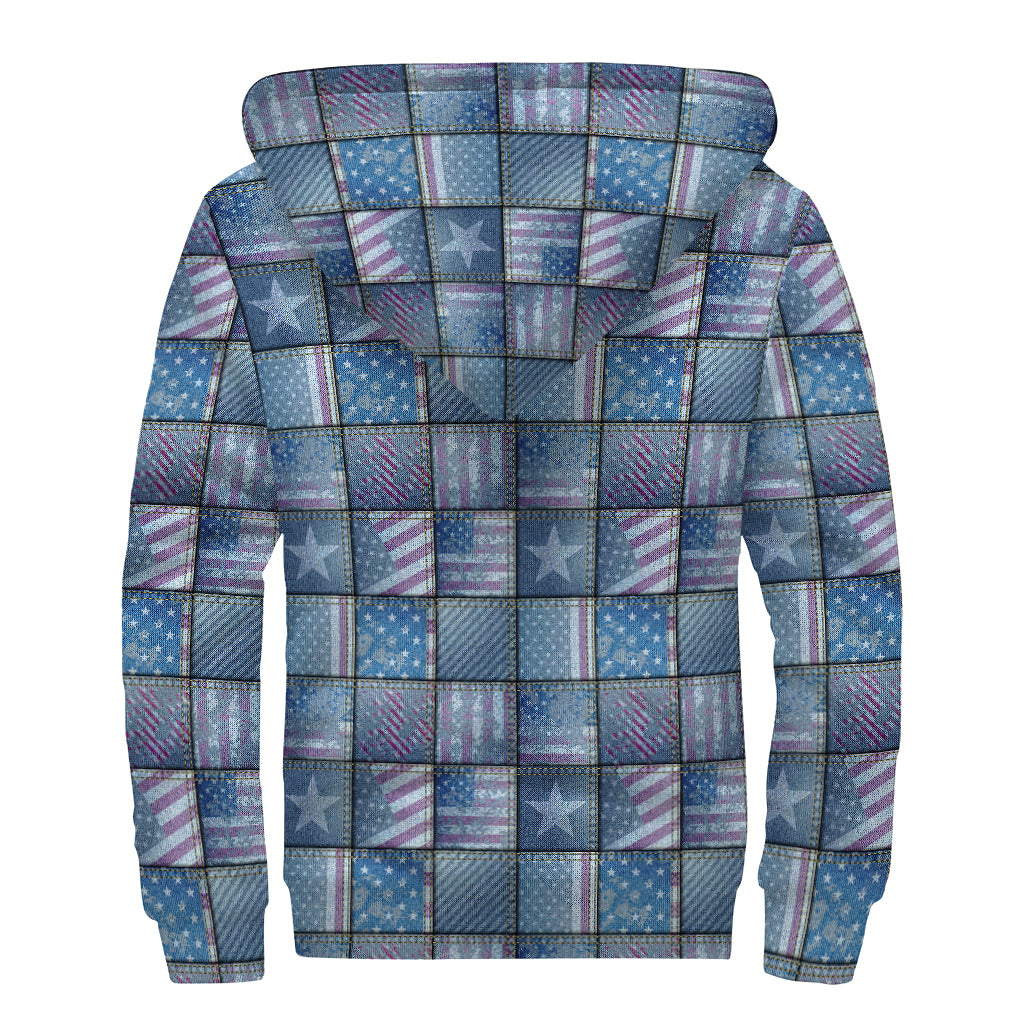 American Denim Patchwork Pattern Print Sherpa Lined Zip Up Hoodie