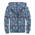 American Denim Patchwork Pattern Print Sherpa Lined Zip Up Hoodie