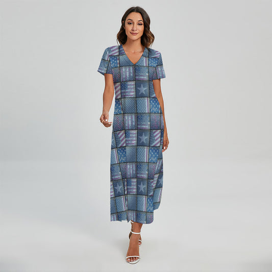 American Denim Patchwork Pattern Print Short Sleeve Maxi Dress
