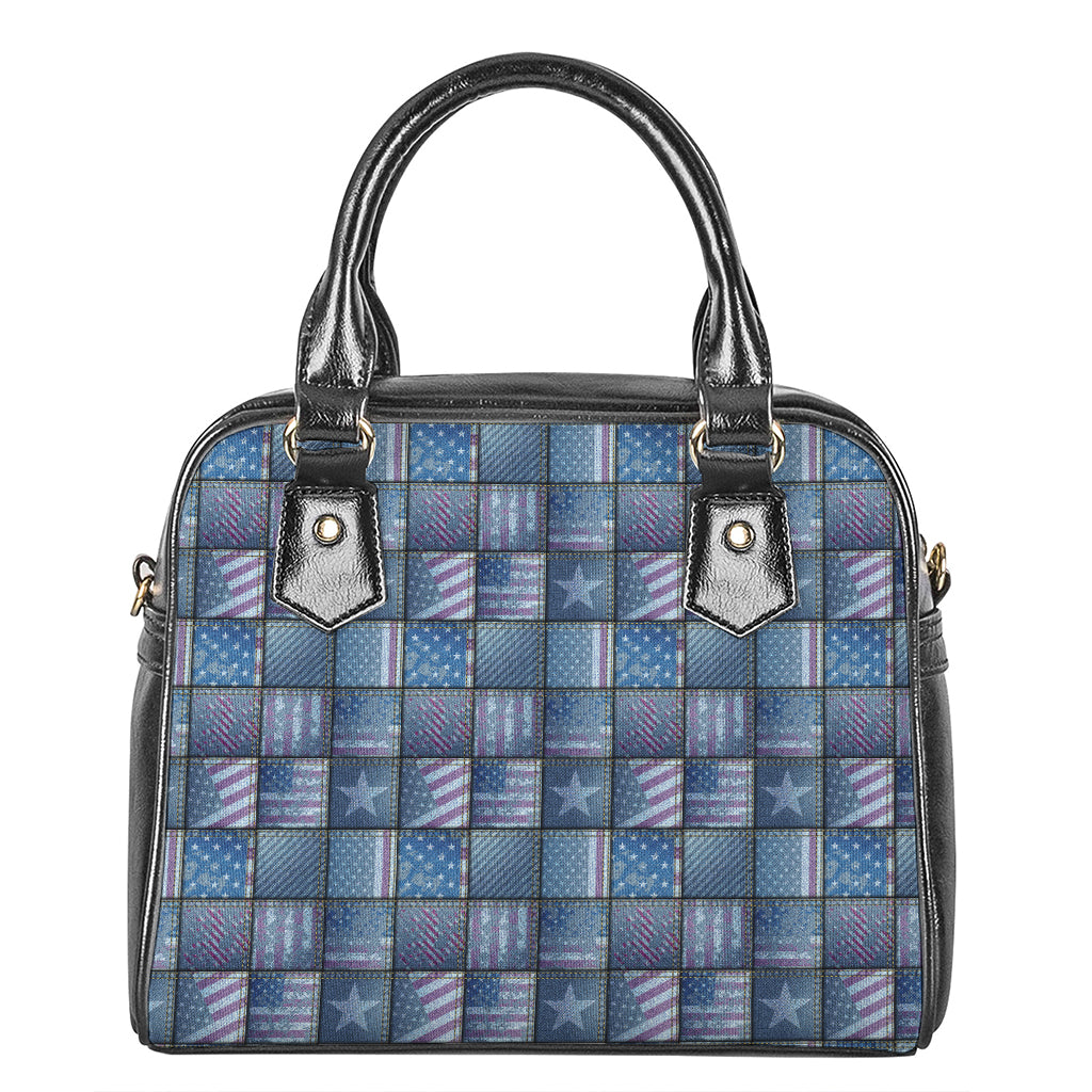 American Denim Patchwork Pattern Print Shoulder Handbag