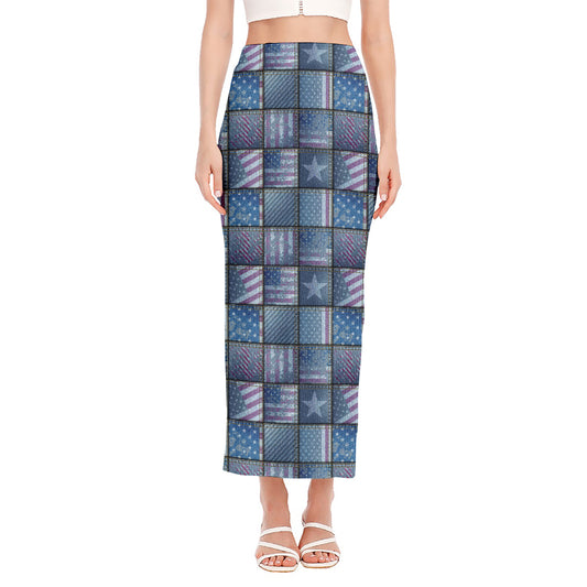 American Denim Patchwork Pattern Print Side Slit Maxi Skirt