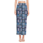 American Denim Patchwork Pattern Print Side Slit Maxi Skirt