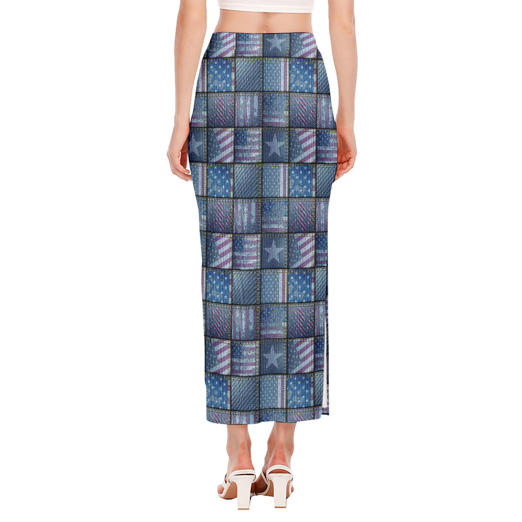 American Denim Patchwork Pattern Print Side Slit Maxi Skirt