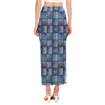 American Denim Patchwork Pattern Print Side Slit Maxi Skirt