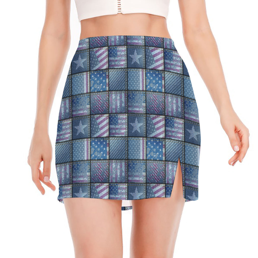 American Denim Patchwork Pattern Print Side Slit Mini Skirt