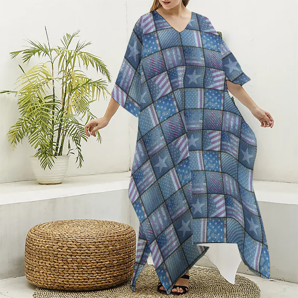 American Denim Patchwork Pattern Print Silk V-Neck Kaftan Dress