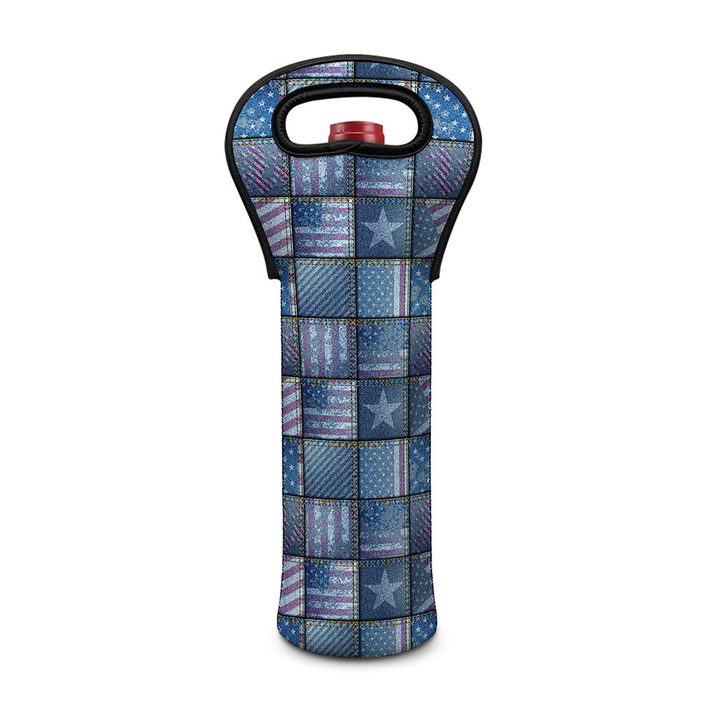 American Denim Patchwork Pattern Print Single Neoprene Wine Tote