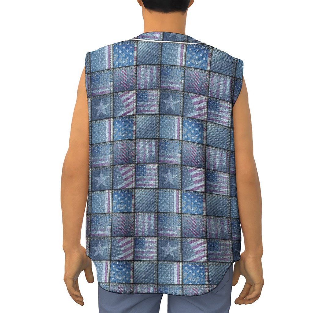 American Denim Patchwork Pattern Print Sleeveless Baseball Jersey
